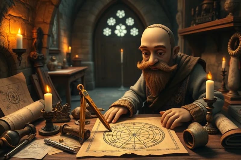 Artesano medieval dibujando patrones geométricos con compás y regla
