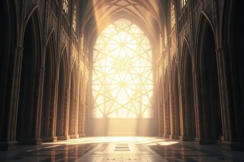 Representación abstracta de la Flor de la Vida superpuesta a un plano de catedral