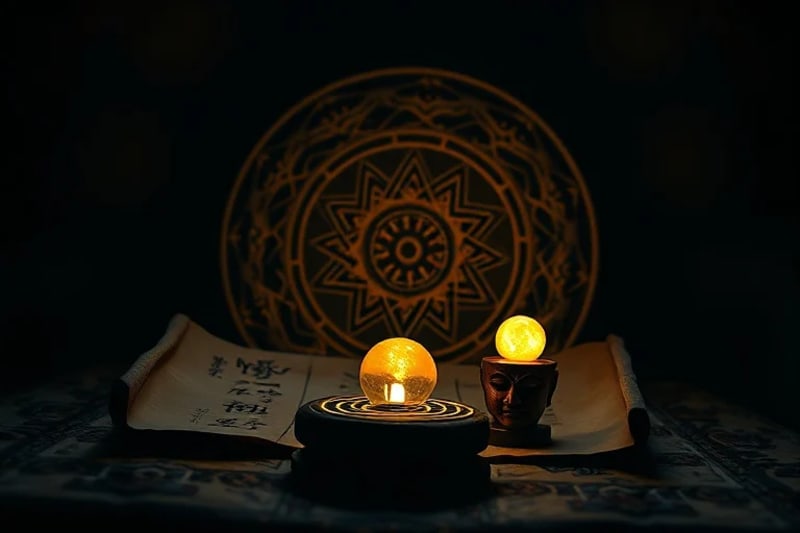 Still-life of ancient scroll and symbolic artifacts representing the collective unconscious