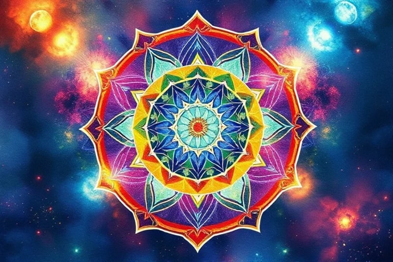 Representación acuarela abstracta de los siete chakras conectados a grupos de alimentos
