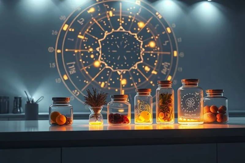Cocina futurista con contenedores de ingredientes elementales y glifos astrológicos