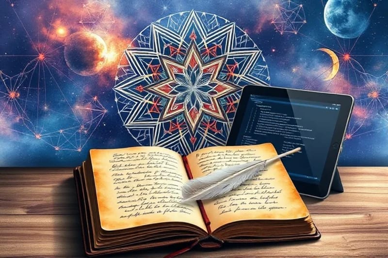 Still life of a vintage journal with handwritten intentions next to a tablet displaying algorithmic code, with a feather.