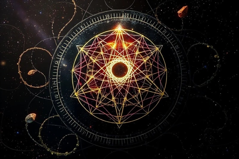 A glowing sigil projected onto an obsidian mirror, surrounded by digital energy and natural elements like herbs and crystals.