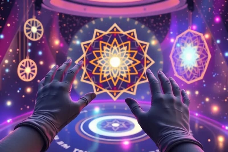 Abstract 3D render of a virtual reality environment with geometric patterns and mandalas, hands in haptic gloves interacting with digital energy forms.