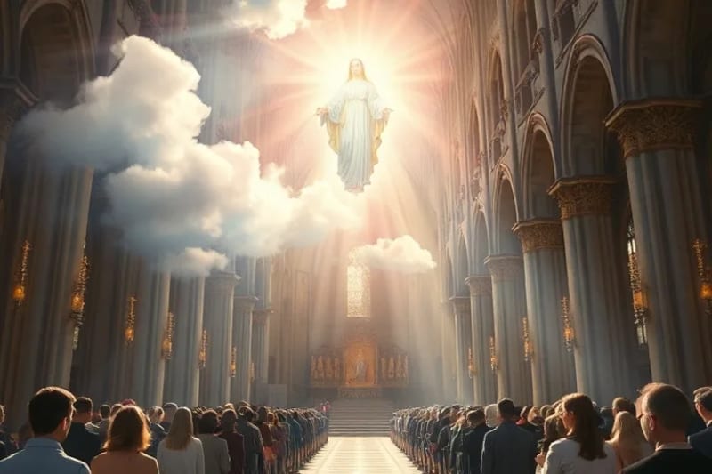 Representación acuarela de una figura celestial femenina rodeada de luz, observada por personas