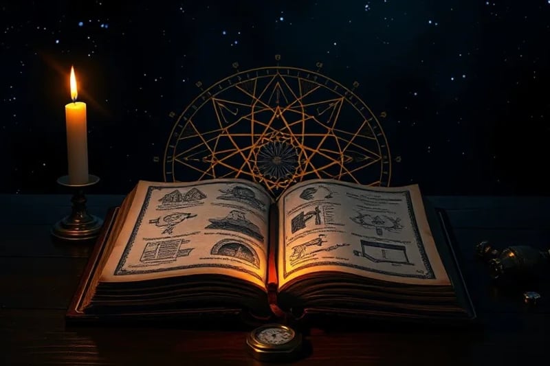 Aged book with symbolic illustrations, magnifying glass, compass, candle on wooden table