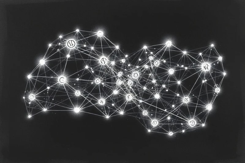 Abstract network of luminous lines and shapes, glowing nodes, dark background