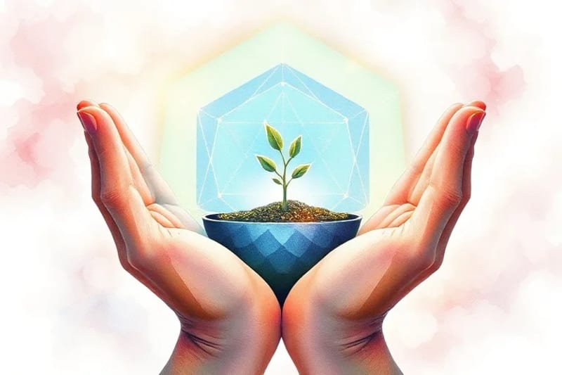 Hands gently holding a glowing seed, symbolizing the planting of intentions and the beginning of growth.