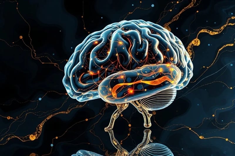 Render 3D de un cerebro de circuitos flotando en el vacío con flujos de datos