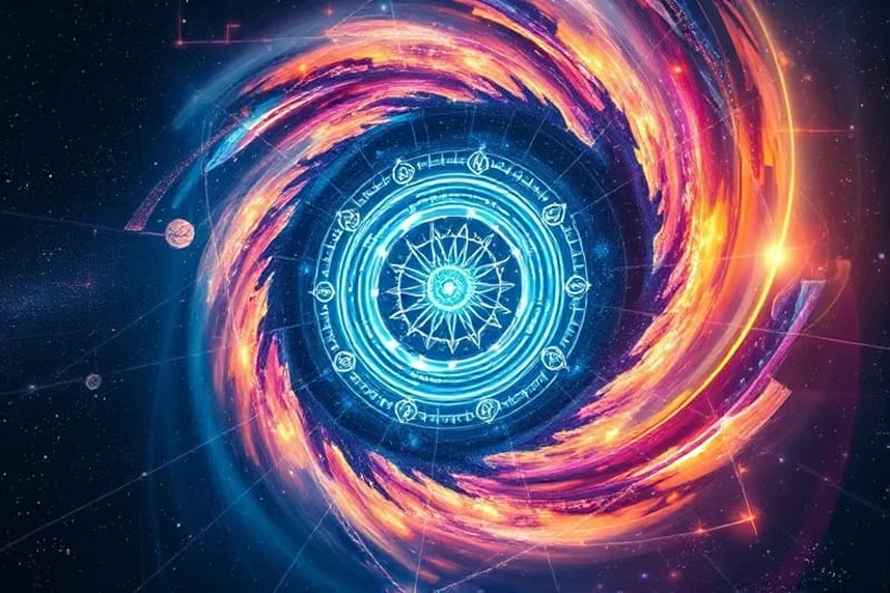 Abstract digital painting of a swirling vortex of light and color with astrological symbols