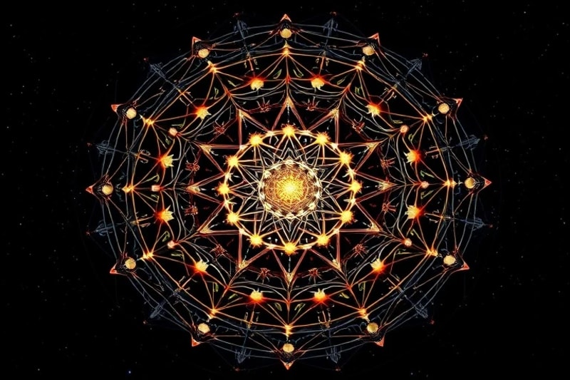 Abstract 3D render of a neural network interwoven with celestial bodies and orbital paths