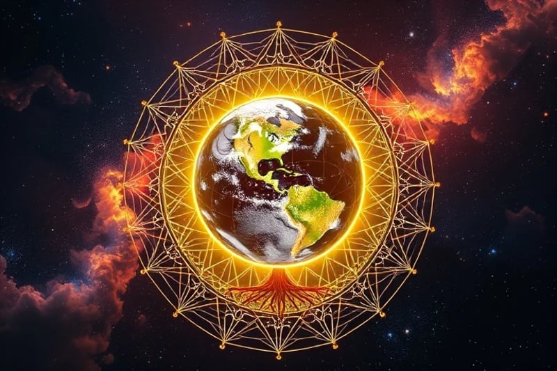 Render 3D de patrones geométricos interconectados formando una esfera terrestre rodeada de órbitas planetarias.