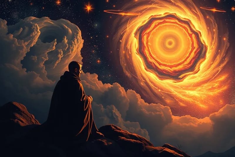Pintura al óleo de una figura contemplativa con visión celestial