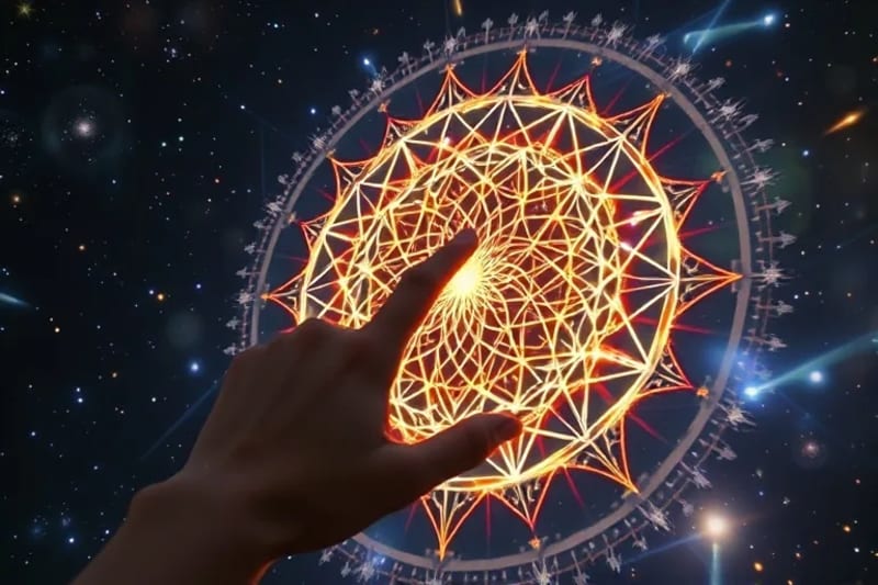 Human hand interacting with holographic sacred geometry and tarot motifs.