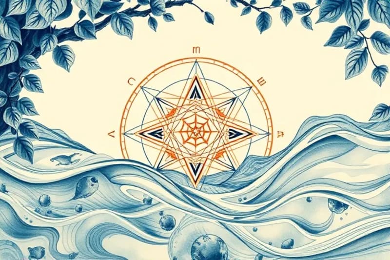 Watercolor sacred geometry shapes intertwined with nature and faint tarot symbols.