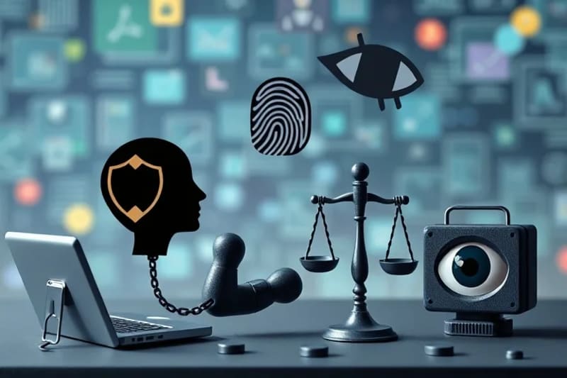 Ilustración vectorial de cinco iconos interconectados que simbolizan los neuroderechos, incluyendo privacidad, identidad, libre albedrío, equidad y protección contra sesgos.