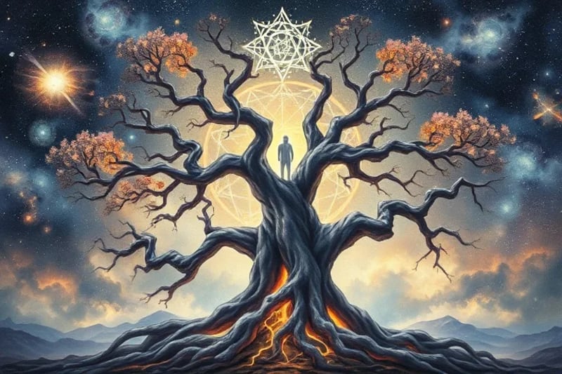 Árbol genealógico estilizado con raíces profundas y ramas entrelazadas, con figuras etéreas sutilmente integradas, simbolizando la herencia kármica familiar y los patrones transgeneracionales.
