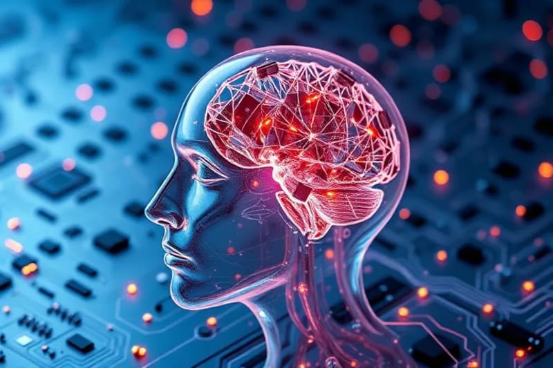 Renderizado 3D de un modelo de cabeza humana transparente con redes neuronales brillantes, rodeado de barreras digitales y flujos de datos encriptados, representando la protección cerebral.