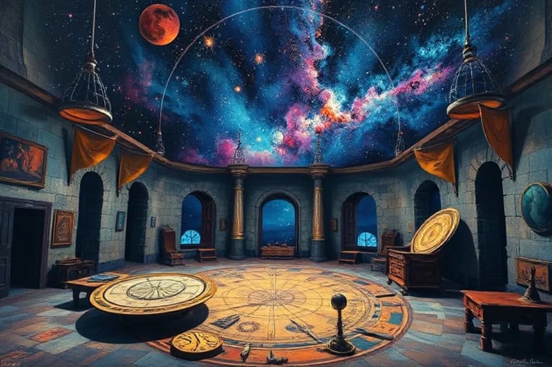 Cosmic Navigators: Unveiling Star Wisdom Ancient celestial observatory with astrolabes and star charts under a cosmic sky