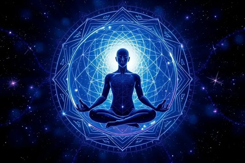 Spiritual Connection: Star Energies Meditating figure connecting to cosmic energy and fixed stars