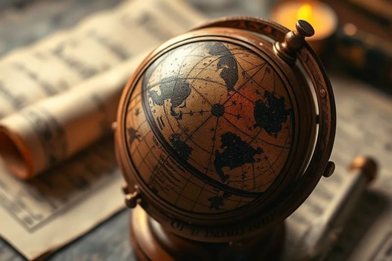 Ancient Wisdom: Celestial Sphere Intricately carved wooden celestial sphere with antique scrolls