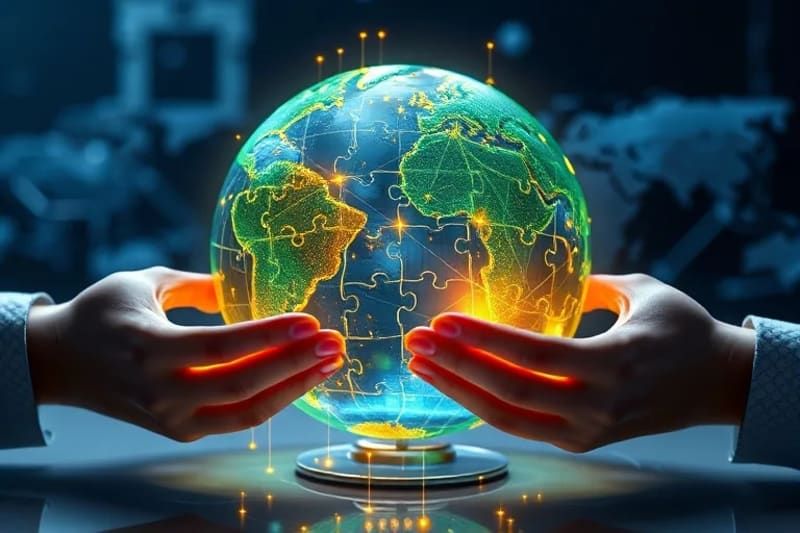 Conceptual still life of a globe made of puzzle pieces, symbolizing global cooperation and interconnectedness in business.