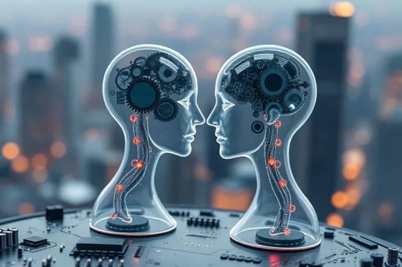 Abstract 3D render showing two glowing figures connected by neural pathways, symbolizing cultural understanding and empathy in a global context.