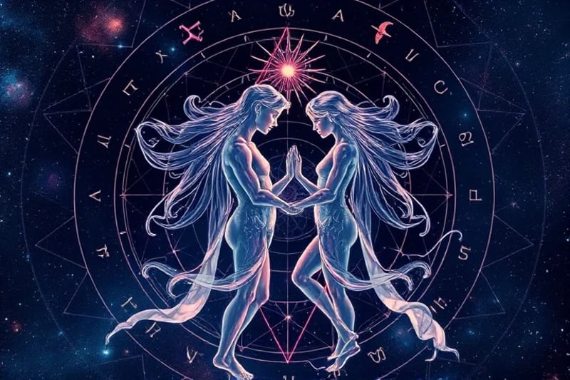 Digital painting of two ethereal figures intertwined with constellations and planetary glyphs, representing the energetic exchange in synastry.