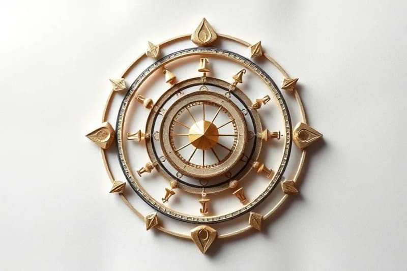 Abstract 3D render of a dynamic clockwork mechanism with gears and glowing celestial bodies, symbolizing the precise timing of electional astrology.