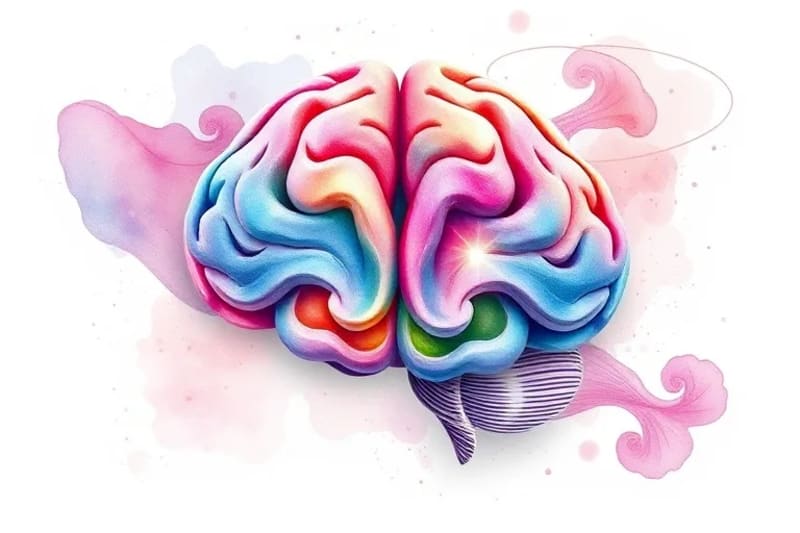 Hemisferios cerebrales fusionándose con una galaxia en acuarela