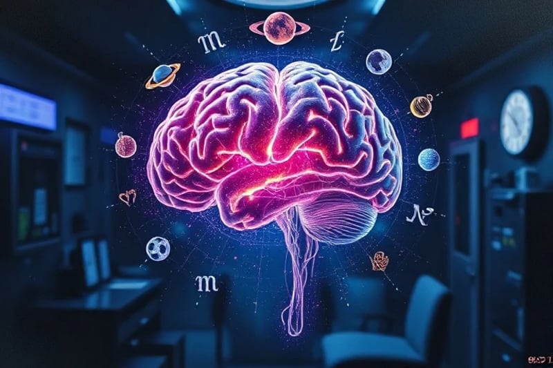 Modelo 3D de cerebro con vías luminosas y símbolos astrológicos proyectados