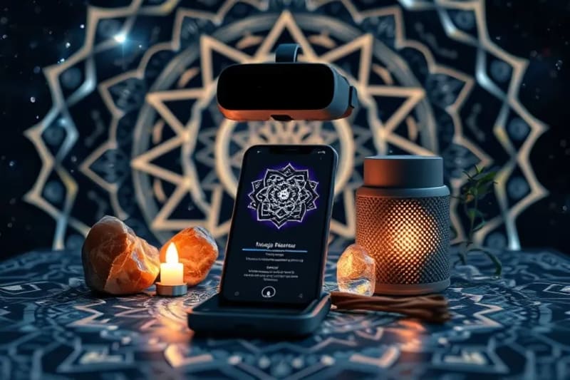 Digital devices and crystals on an altar