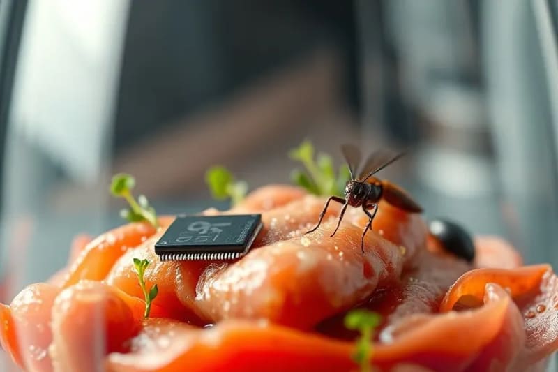 Bodegón de proteínas alternativas: carne cultivada, insectos y vegetales.