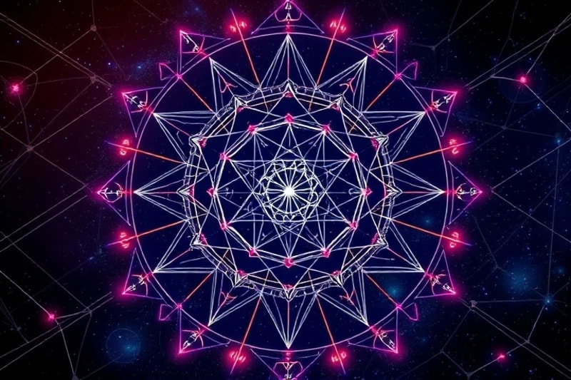 Abstract network of glowing lines with esoteric symbols