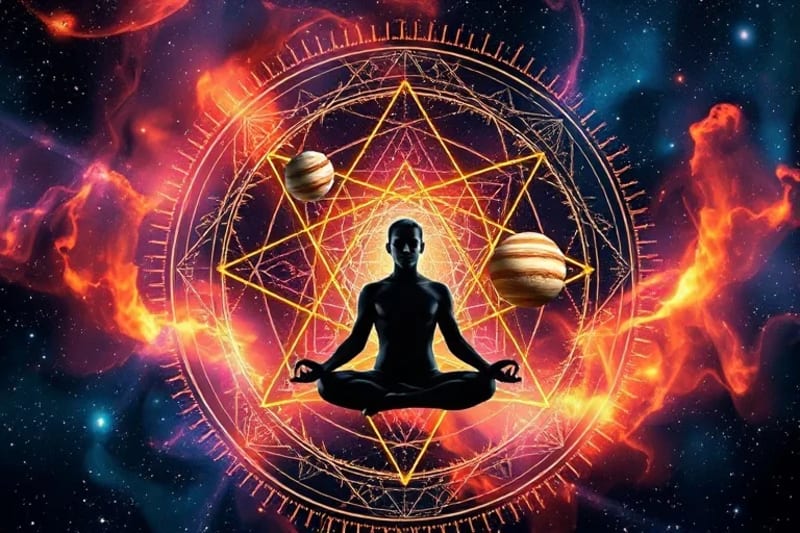 Persona meditando en patrón de geometría sagrada con planetas