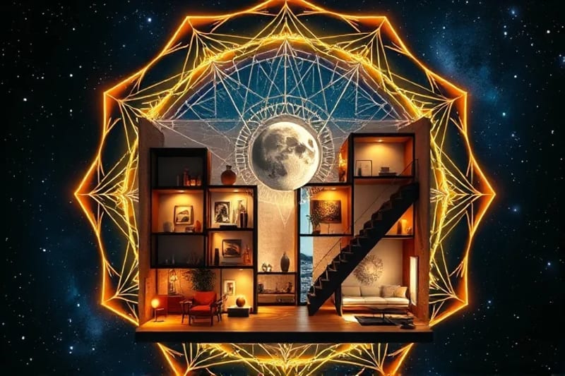 Cross-section of apartment building with energy lines and moon phase