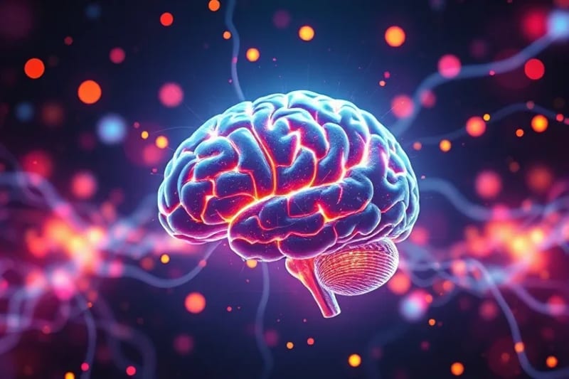 Representación digital de un cerebro humano con vías neuronales brillantes, rodeado de formas abstractas y coloridas que simbolizan emociones positivas.