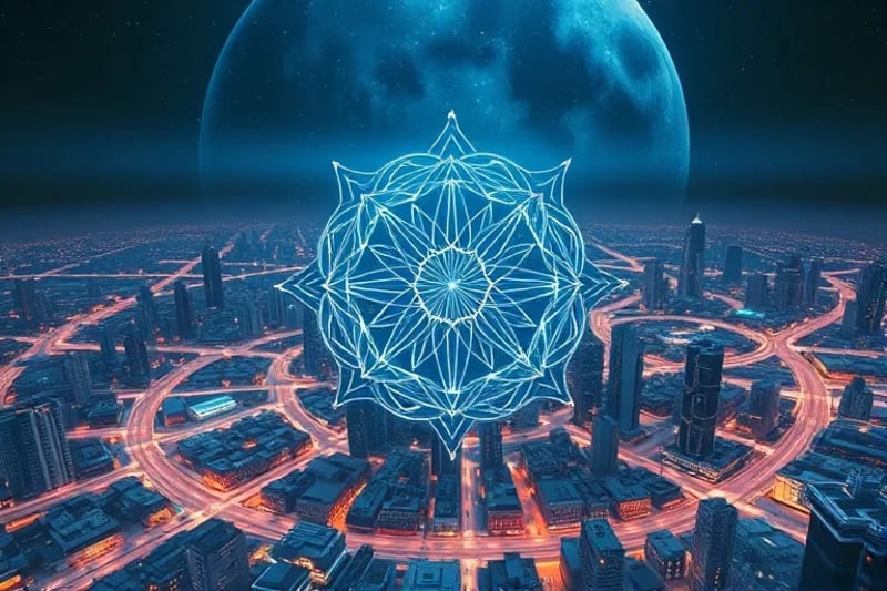 Abstract 3D render of interconnected crystalline grids beneath a city