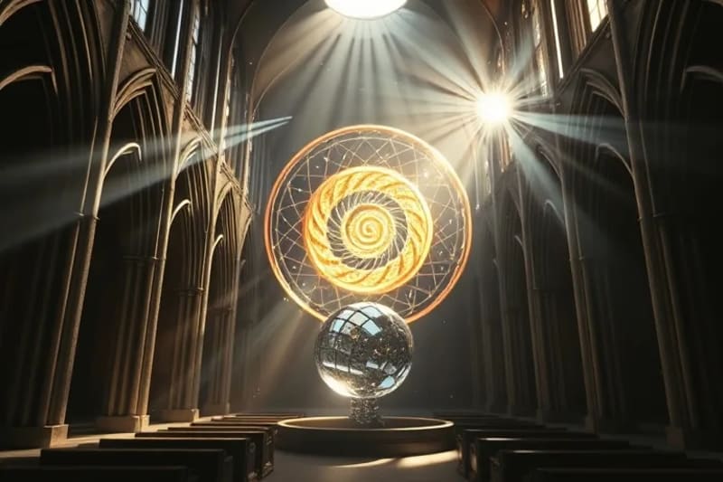 Esfera cristalina con espiral de proporción áurea, reflejando colores cósmicos y orbes luminosos en un vacío estelar.