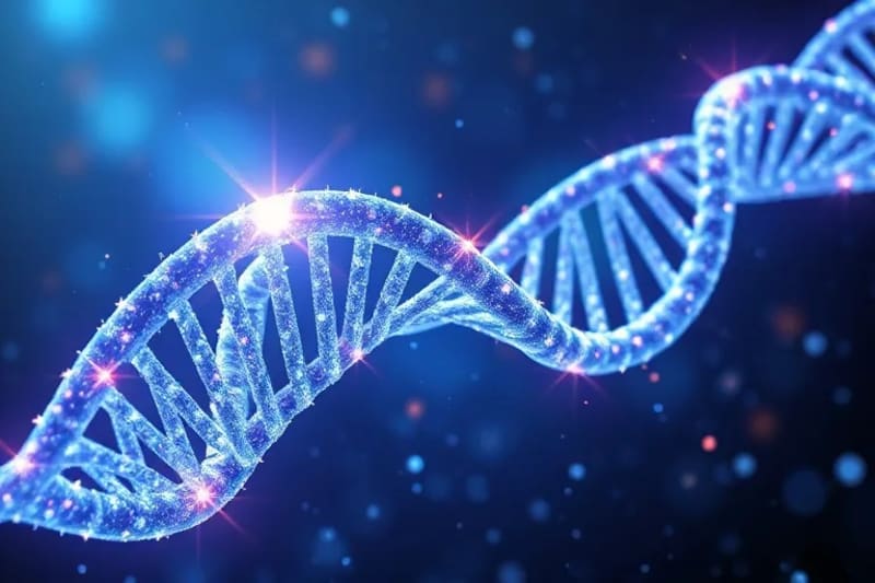 Hebras de ADN con símbolos de datos y silueta humana abstracta