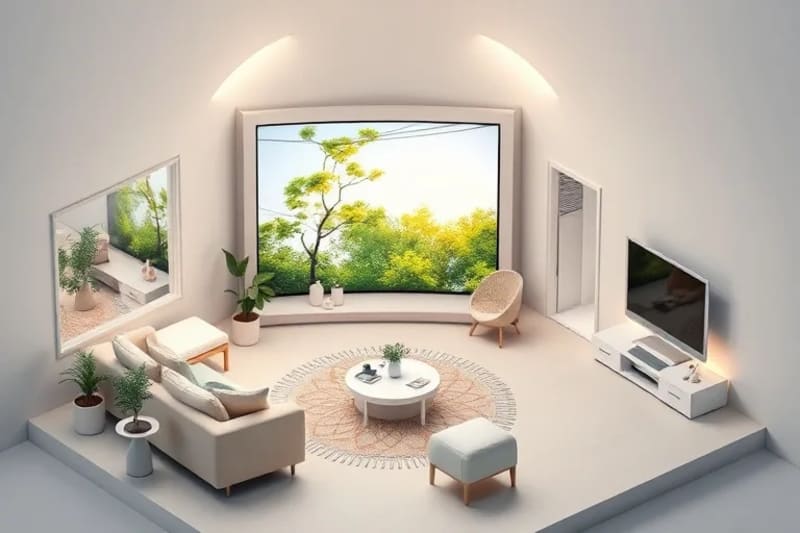 Hogar inteligente con elementos naturales y tecnología integrada