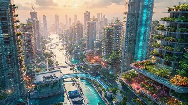Ciudad futurista con sistemas avanzados de gestión de agua