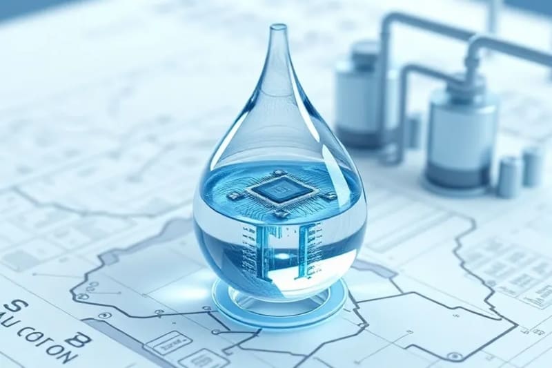 Gota de agua con microchips sobre un plano de planta desalinizadora