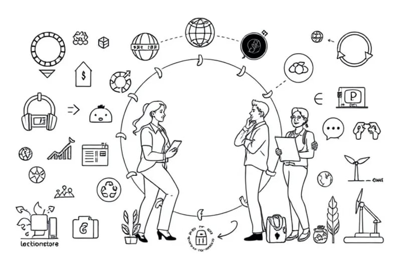 Grupo de emprendedores colaborando en un proyecto de economía circular con diagramas de reciclaje y energía renovable.
