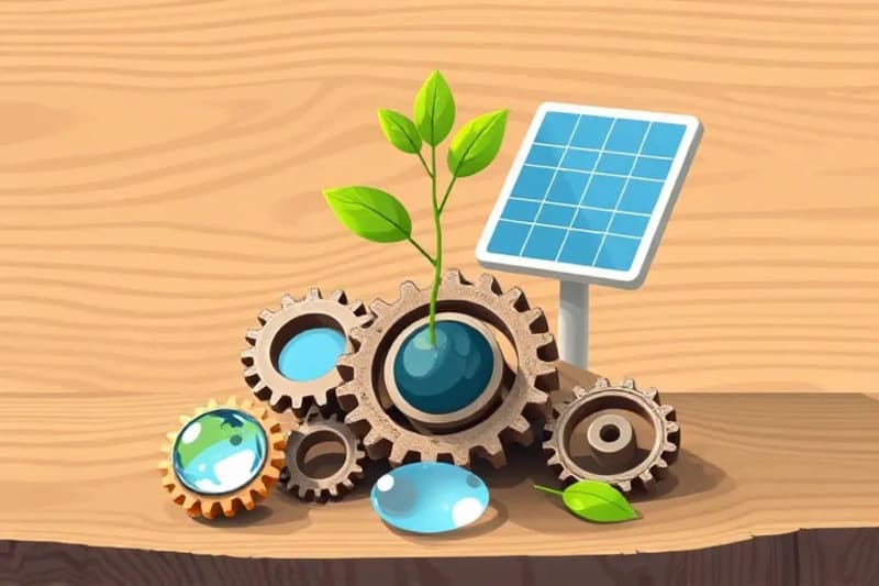 Elementos conceptuales de sostenibilidad: una planta creciendo de materiales reciclados, engranajes, gota de agua y panel solar.