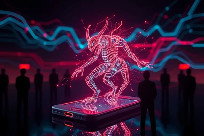 Vector art of digital cryptid emerging from smartphone