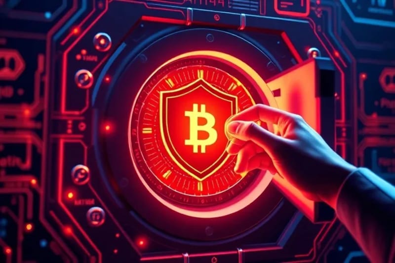 Vector art of a secure digital vault with cryptocurrency symbols and regulatory shield