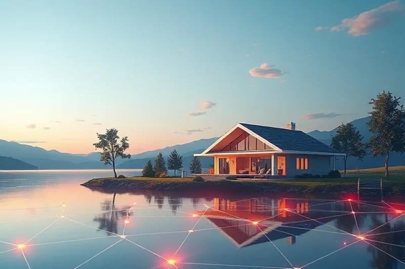 Oil painting of an idyllic retirement landscape with abstract glowing digital lines