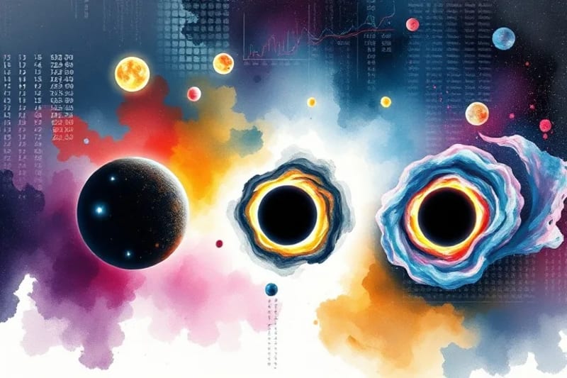 Ilustración vectorial comparativa de agujeros negros estelares, supermasivos y primordiales, con flujos de datos abstractos.