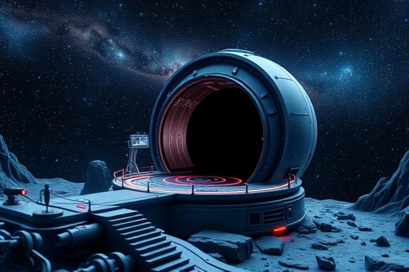 Representación 3D de un observatorio espacial avanzado cerca de un agujero negro, con interfaces de IA mostrando algoritmos y simulaciones.